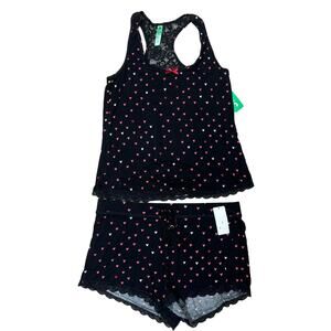 NWT Honeydew Intimates Black Hearts 2 Piece Tank Shorts PJ Pajama Set Size Large